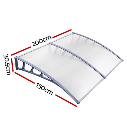 Instahut Window Door Awning Canopy 1.5mx2m Transparent Sheet Grey Plastic Frame 2