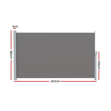 Instahut Side Awning Sun Shade Outdoor Retractable Privacy Screen 1.8X3M Grey 2