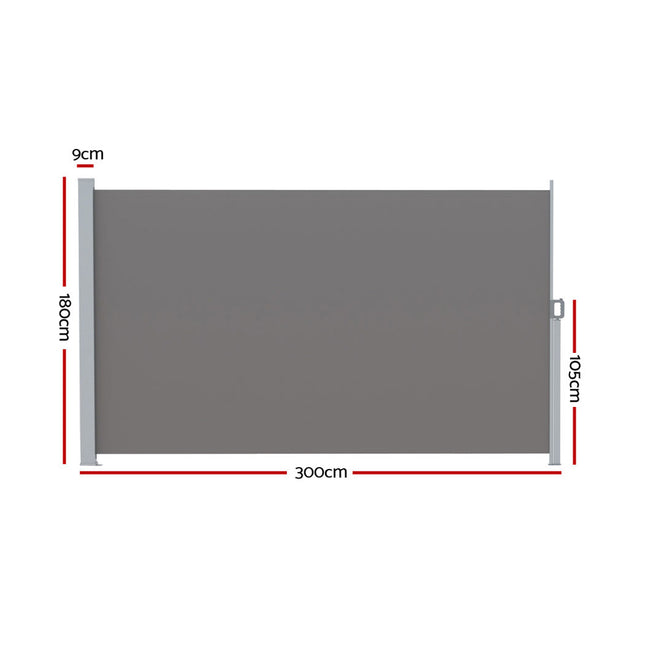 Instahut Side Awning Sun Shade Outdoor Retractable Privacy Screen 1.8X3M Grey 2