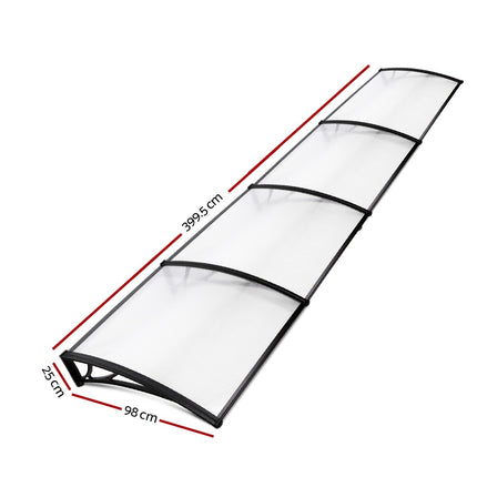 Instahut Window Awning Door Canopy 1m x 4m Transparent Sheet Black Plastic Frame 2