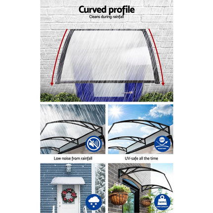 Instahut Window Awning Door Canopy 1m x 4m Transparent Sheet Black Plastic Frame 5
