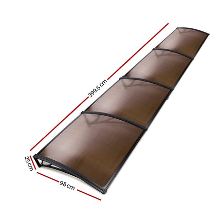 Instahut Window Awning Door Canopy 1m x 4m Brown Sheet Black Plastic Frame 2