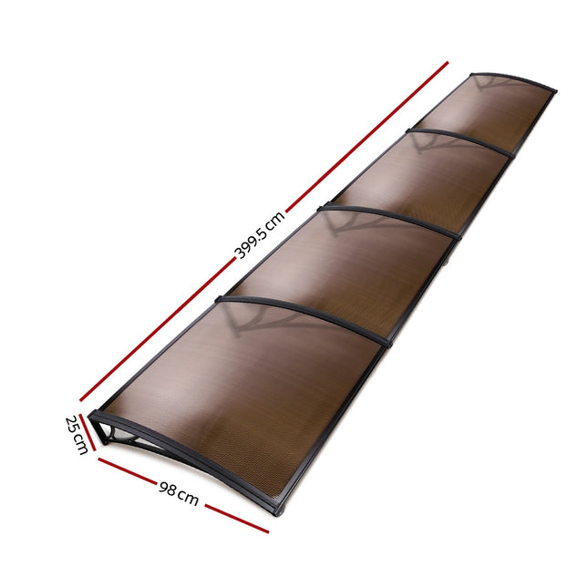 Instahut Window Awning Door Canopy 1m x 4m Brown Sheet Black Plastic Frame 2