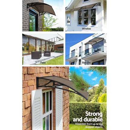Instahut Window Awning Door Canopy 1m x 4m Brown Sheet Black Plastic Frame 4