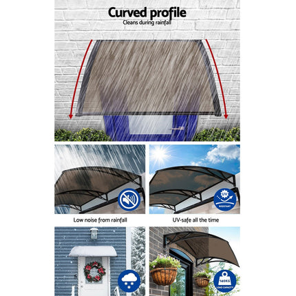 Instahut Window Awning Door Canopy 1m x 4m Brown Sheet Black Plastic Frame 5