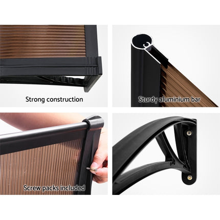 Instahut Window Awning Door Canopy 1m x 4m Brown Sheet Black Plastic Frame 6
