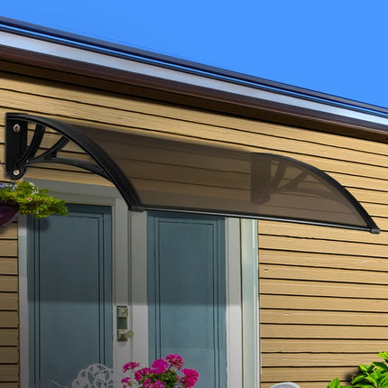 Instahut Window Awning Door Canopy 1m x 4m Brown Sheet Black Plastic Frame 7
