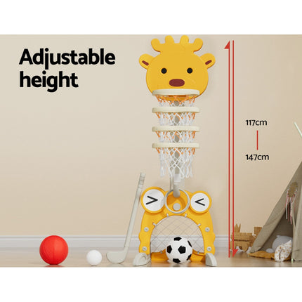 Keezi Kids Basketball Hoop Stand Adjustable 5-in-1 Sports Center Toys Set Yellow 6