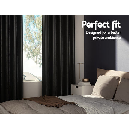 Artiss 2X Blockout Curtains Eyelet 140x230cm Black Shine 3