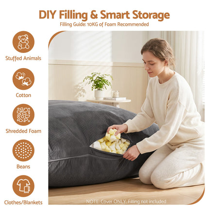Artiss 3 in 1 Bean Bag Chair Cover (No Filler) Convertible Bean Bag for Adults, Corduroy Stuffed Animal Storage Bean Bag Cover Washable for Living Room Bedroom, Grey 5