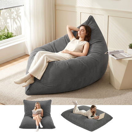 Artiss 3 in 1 Bean Bag Chair Cover (No Filler) Convertible Bean Bag for Adults, Corduroy Stuffed Animal Storage Bean Bag Cover Washable for Living Room Bedroom, Grey 10