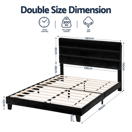 Artiss Double Bed Frame Upholstered Platform Base with Geometric Headboard Black Velvet 2