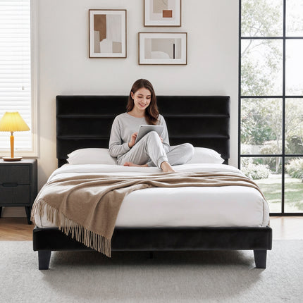 Artiss Double Bed Frame Upholstered Platform Base with Geometric Headboard Black Velvet 4
