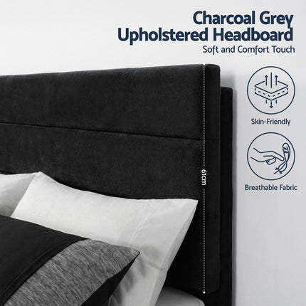 Artiss Double Bed Frame Upholstered Platform Base with Geometric Headboard Black Velvet 5