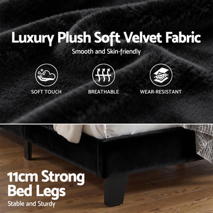 Artiss Double Bed Frame Upholstered Platform Base with Geometric Headboard Black Velvet 7