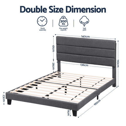 Artiss Double Bed Frame Upholstered Platform Base with Geometric Headboard Charcoal Grey Linen Wood Slats for Modern Bedroom Furniture Home Decor 2