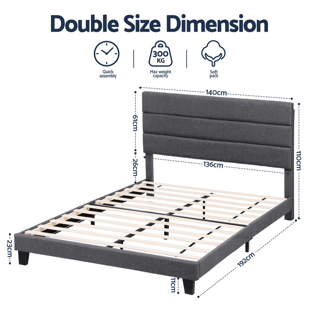 Artiss Double Bed Frame Upholstered Platform Base with Geometric Headboard Charcoal Grey Linen Wood Slats for Modern Bedroom Furniture Home Decor 2