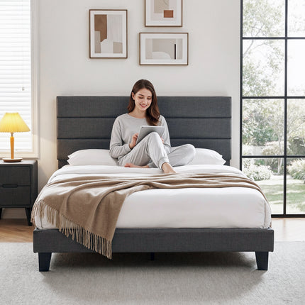 Artiss Double Bed Frame Upholstered Platform Base with Geometric Headboard Charcoal Grey Linen Wood Slats for Modern Bedroom Furniture Home Decor 4