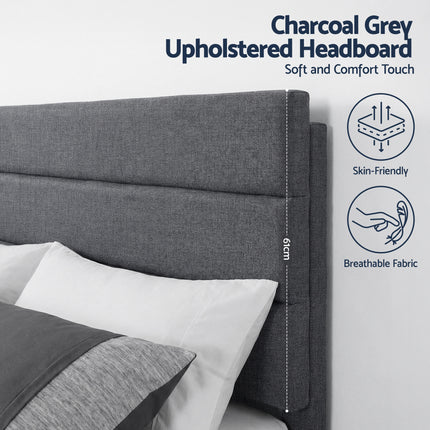Artiss Double Bed Frame Upholstered Platform Base with Geometric Headboard Charcoal Grey Linen Wood Slats for Modern Bedroom Furniture Home Decor 5
