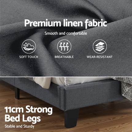 Artiss Double Bed Frame Upholstered Platform Base with Geometric Headboard Charcoal Grey Linen Wood Slats for Modern Bedroom Furniture Home Decor 7