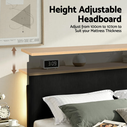 Artiss Double Bed Frame Upholstered Adjustable Headboard Mood Lighting Heavy Duty Black Velvet 4
