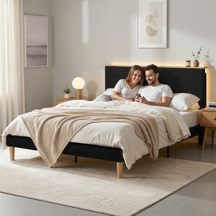 Artiss Double Bed Frame Upholstered Adjustable Headboard Mood Lighting Heavy Duty Black Velvet 7
