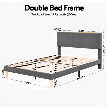 Artiss Double Bed Frame Upholstered Adjustable Headboard Mood Lighting Heavy Duty Grey Velvet 2