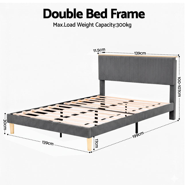 Artiss Double Bed Frame Upholstered Adjustable Headboard Mood Lighting Heavy Duty Grey Velvet 2