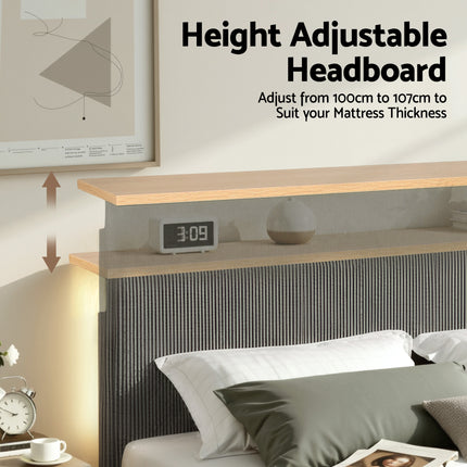 Artiss Double Bed Frame Upholstered Adjustable Headboard Mood Lighting Heavy Duty Grey Velvet 4