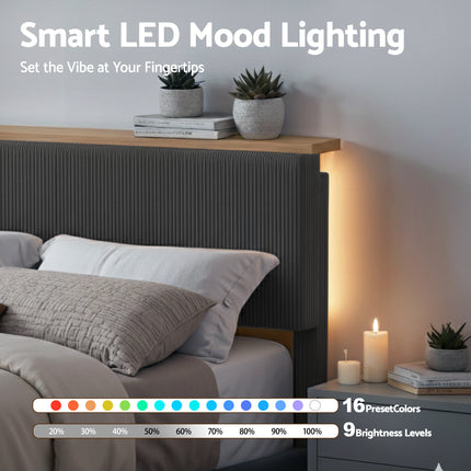 Artiss Double Bed Frame Upholstered Adjustable Headboard Mood Lighting Heavy Duty Grey Velvet 5