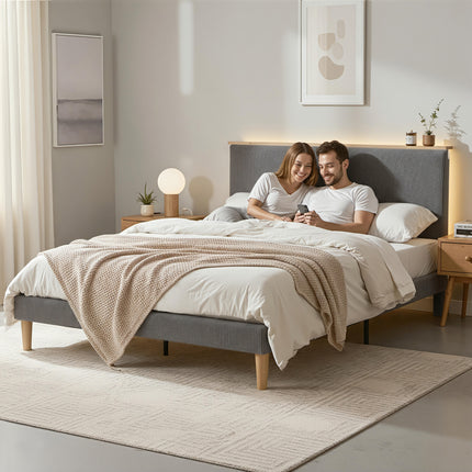 Artiss Double Bed Frame Upholstered Adjustable Headboard Mood Lighting Heavy Duty Grey Velvet 7