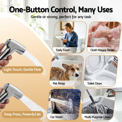Cefito Handheld Bidet Sprayer for Toilet 1.5m Stainless Steel Hose Jet Spray for Feminine Wash Cloth Diaper Pet Bath Adjustable Pressure Bidet Attachment with G1/2 Valve Silver 6