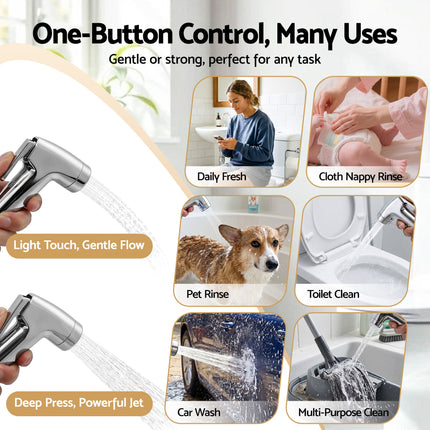 Cefito Handheld Bidet Sprayer for Toilet 1.5m Stainless Steel Hose Jet Spray for Feminine Wash Cloth Diaper Pet Bath Adjustable Pressure Bidet Attachment with G1/2 Valve Silver 7