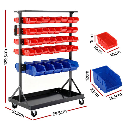Giantz 74 Bins Storage Rack Double Sided Mobile Garage Workshop Tools Organizer 3