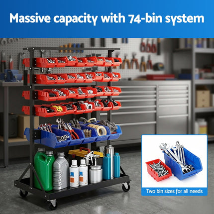 Giantz 74 Bins Storage Rack Double Sided Mobile Garage Workshop Tools Organizer 6