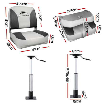 Seamanship 2X Folding Boat Seats with 2X Adjustable Pedestals 55–75cm Marine Swivel Low Back 13cm Padding Charcoal 2