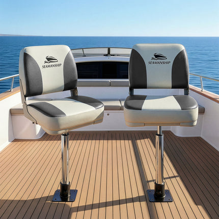 Seamanship 2X Folding Boat Seats with 2X Adjustable Pedestals 55–75cm Marine Swivel Low Back 13cm Padding Charcoal 10