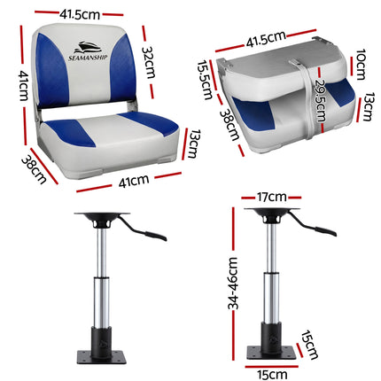 Seamanship 2X Folding Boat Seats with 2X Adjustable Pedestals 34–46cm Marine Swivel Low Back 13cm Padding White Blue 2