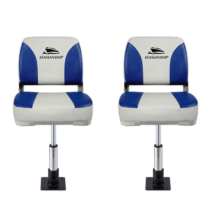 Seamanship 2X Folding Boat Seats with 2X Adjustable Pedestals 34–46cm Marine Swivel Low Back 13cm Padding White Blue 3