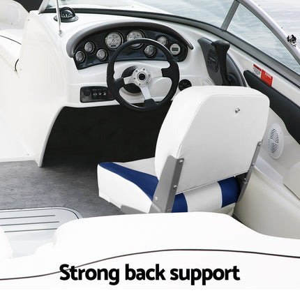 Seamanship 2X Folding Boat Seats with 2X Adjustable Pedestals 34–46cm Marine Swivel Low Back 13cm Padding White Blue 8