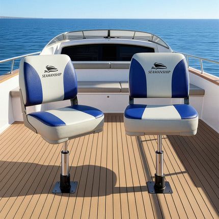 Seamanship 2X Folding Boat Seats with 2X Adjustable Pedestals 34–46cm Marine Swivel Low Back 13cm Padding White Blue 10