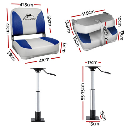 Seamanship 2X Folding Boat Seats with 2X Adjustable Pedestals 55–75cm Marine Swivel Low Back 13cm Padding White Blue 2