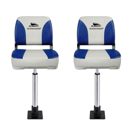 Seamanship 2X Folding Boat Seats with 2X Adjustable Pedestals 55–75cm Marine Swivel Low Back 13cm Padding White Blue 3