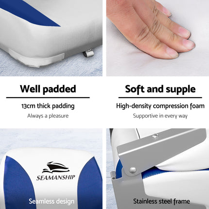 Seamanship 2X Folding Boat Seats with 2X Adjustable Pedestals 55–75cm Marine Swivel Low Back 13cm Padding White Blue 4