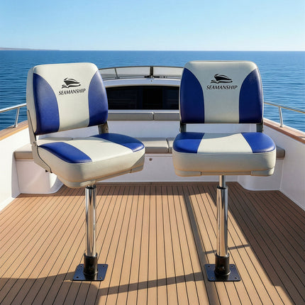 Seamanship 2X Folding Boat Seats with 2X Adjustable Pedestals 55–75cm Marine Swivel Low Back 13cm Padding White Blue 10