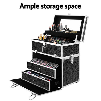 Embellir Portable Cosmetic Beauty Makeup Carry Case with Mirror - Crocodile Black 6