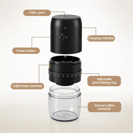 Devanti Electric Coffee Grinder USB-C Rechargeable Portable Coffee Bean Grinder with 40 Precise Grind Settings | Automatic Spice Nut Pepper Grinder Mill with Cleaning Brush & Ground Coffee Container for Home Office Camping Travel, Black 4
