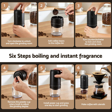 Devanti Electric Coffee Grinder USB-C Rechargeable Portable Coffee Bean Grinder with 40 Precise Grind Settings | Automatic Spice Nut Pepper Grinder Mill with Cleaning Brush & Ground Coffee Container for Home Office Camping Travel, Black 8