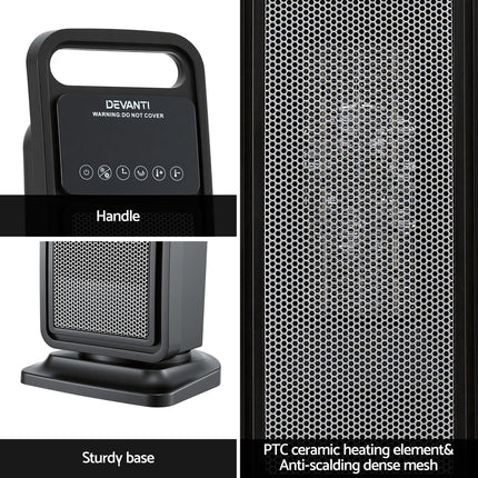 Devanti 2000W Ceramic Tower Heater Space Heaters Indoor Oscillating Black 6