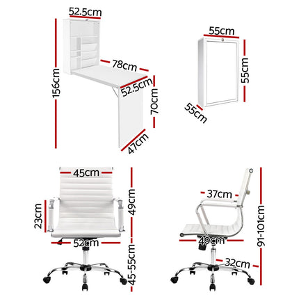 Artiss Computer Desk Office Chair Set PU Leather Wall Mount Foldable Table White 2